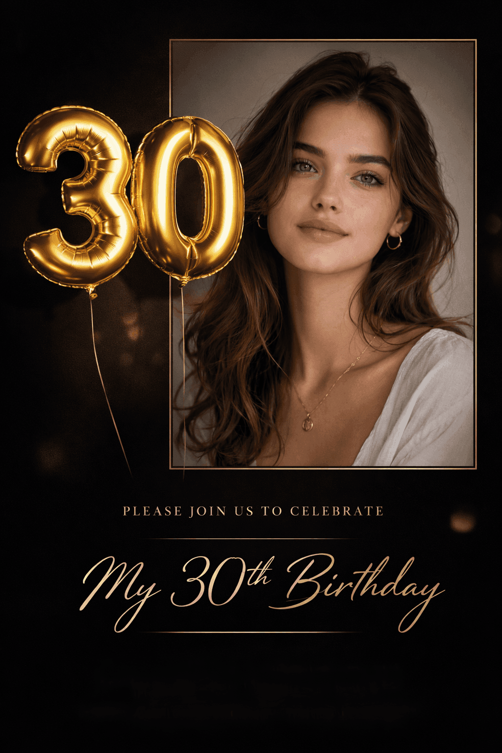 Luxury birthday invitation design, black and gold theme, elegant golden balloons, soft spotlight lighting, integrate attached portrait naturally into composition, realistic shadows, premium aesthetic, clean empty space for text, 4:5 printable format, high resolution
