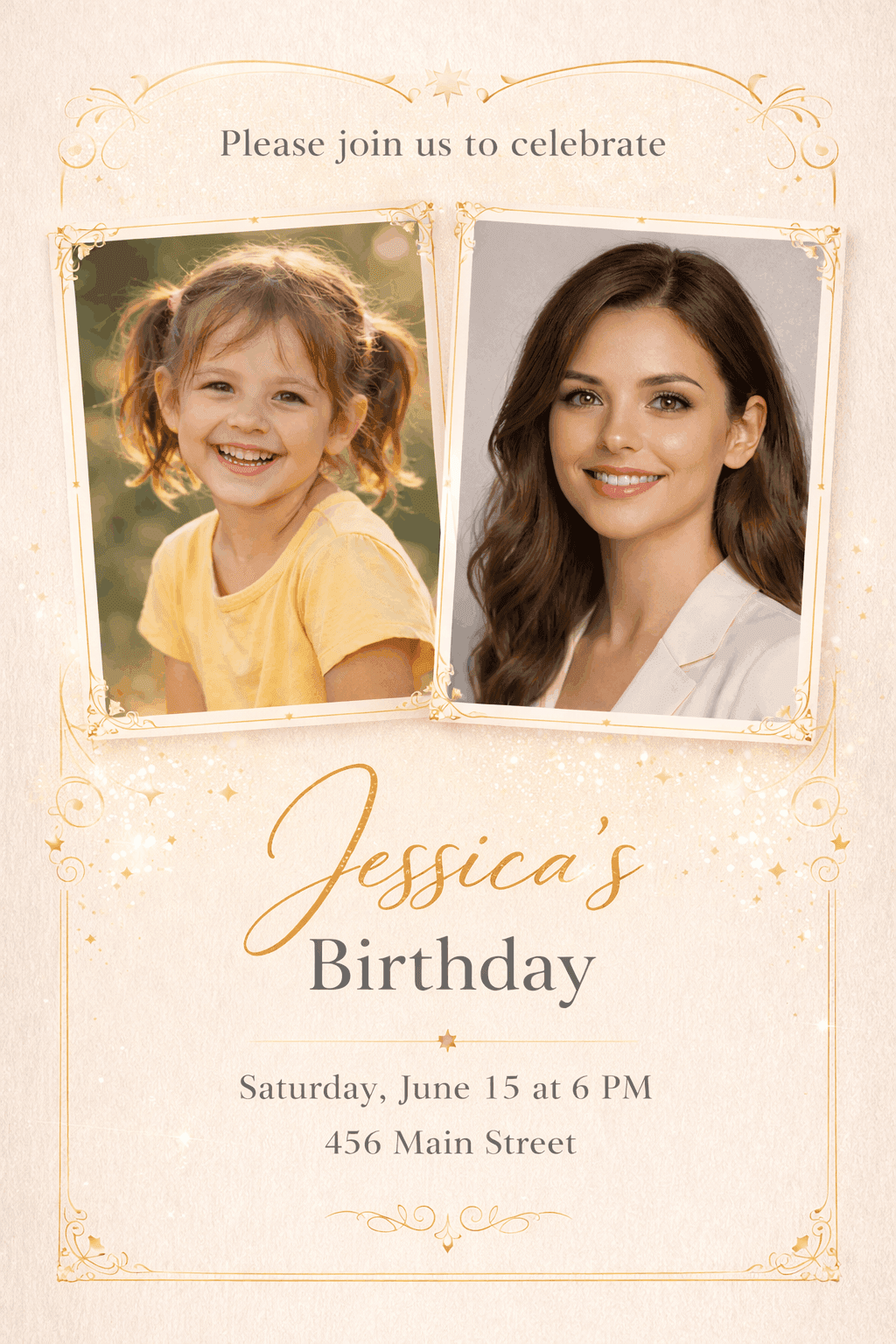 Birthday invitation design with split layout, childhood photo on left, current portrait on right, soft pastel background, subtle golden decorative elements, elegant shadows, modern premium layout, printable 4:5 card, high resolution