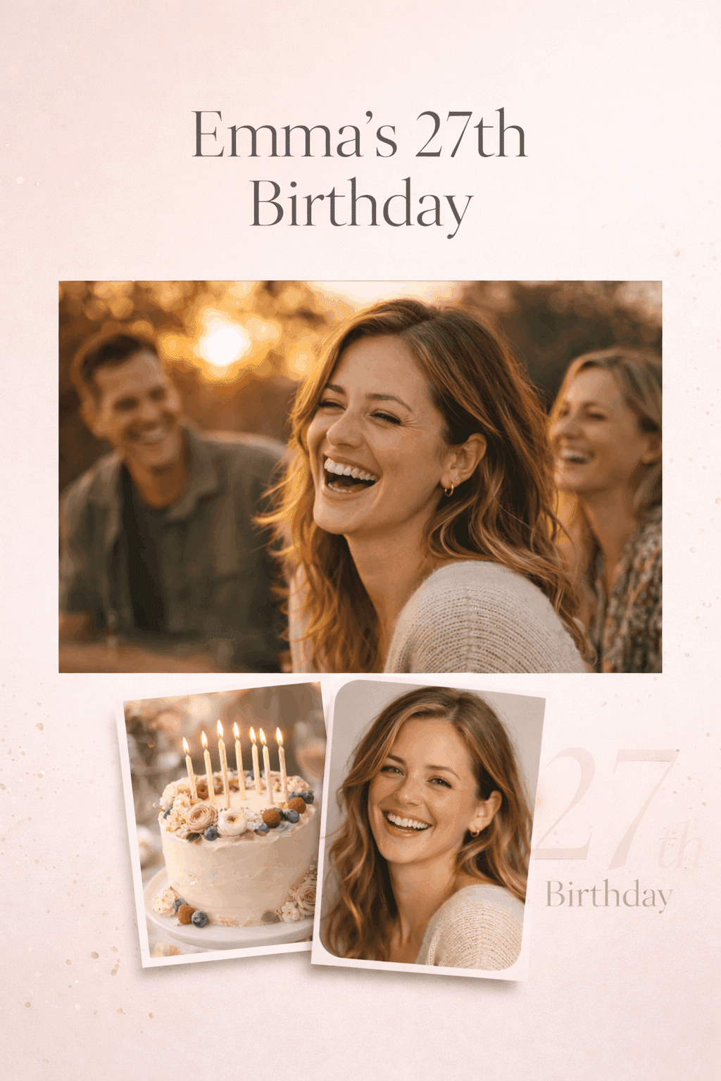 Modern birthday collage invitation design, three photos arranged in stylish scrapbook layout, soft pastel background, subtle confetti, elegant drop shadows, realistic lighting, premium aesthetic, clean space for text, high resolution printable 4:5 card