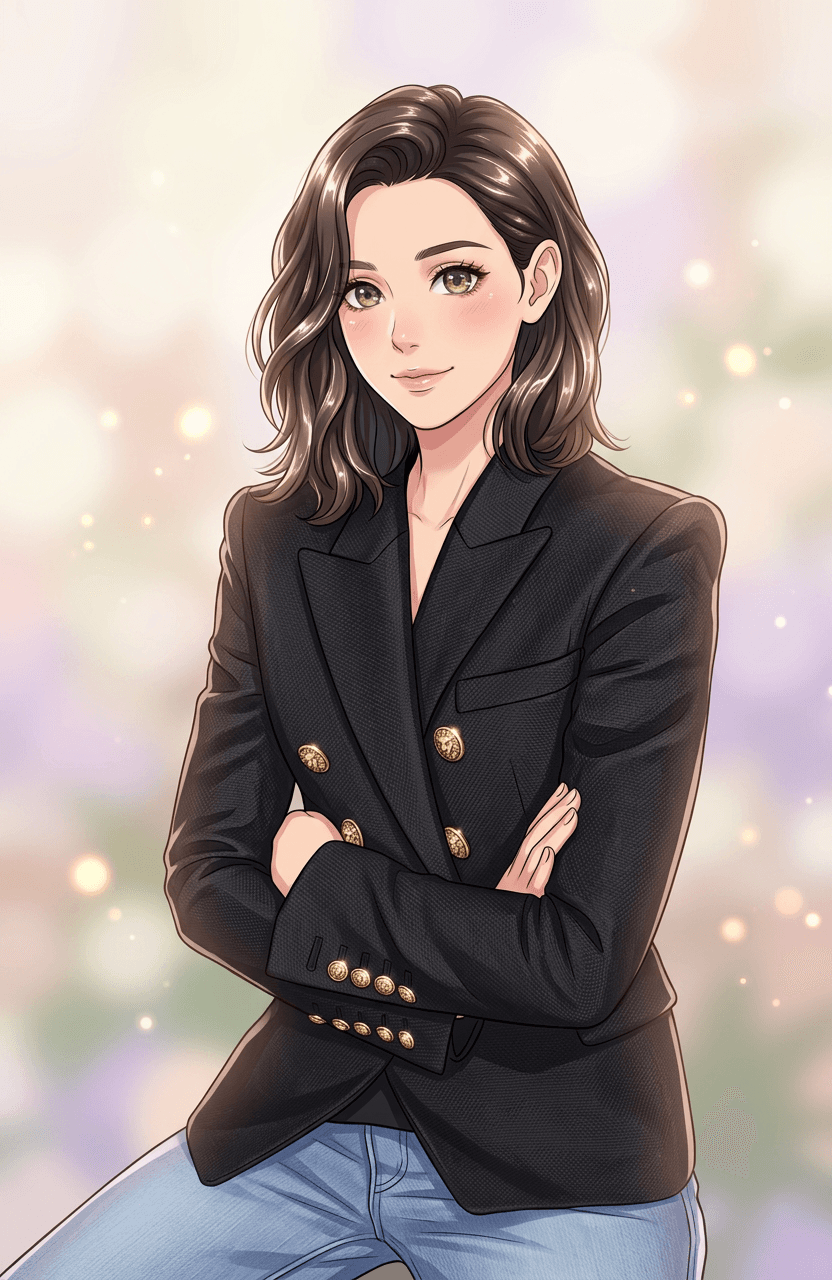 Convert this photo into a Japanese anime-style illustration. Stylized hair with dynamic highlights, large detailed eyes with light reflections, clean line art, soft pastel color palette, subtle blush on cheeks, dreamy bokeh background, high-quality anime aesthetic.