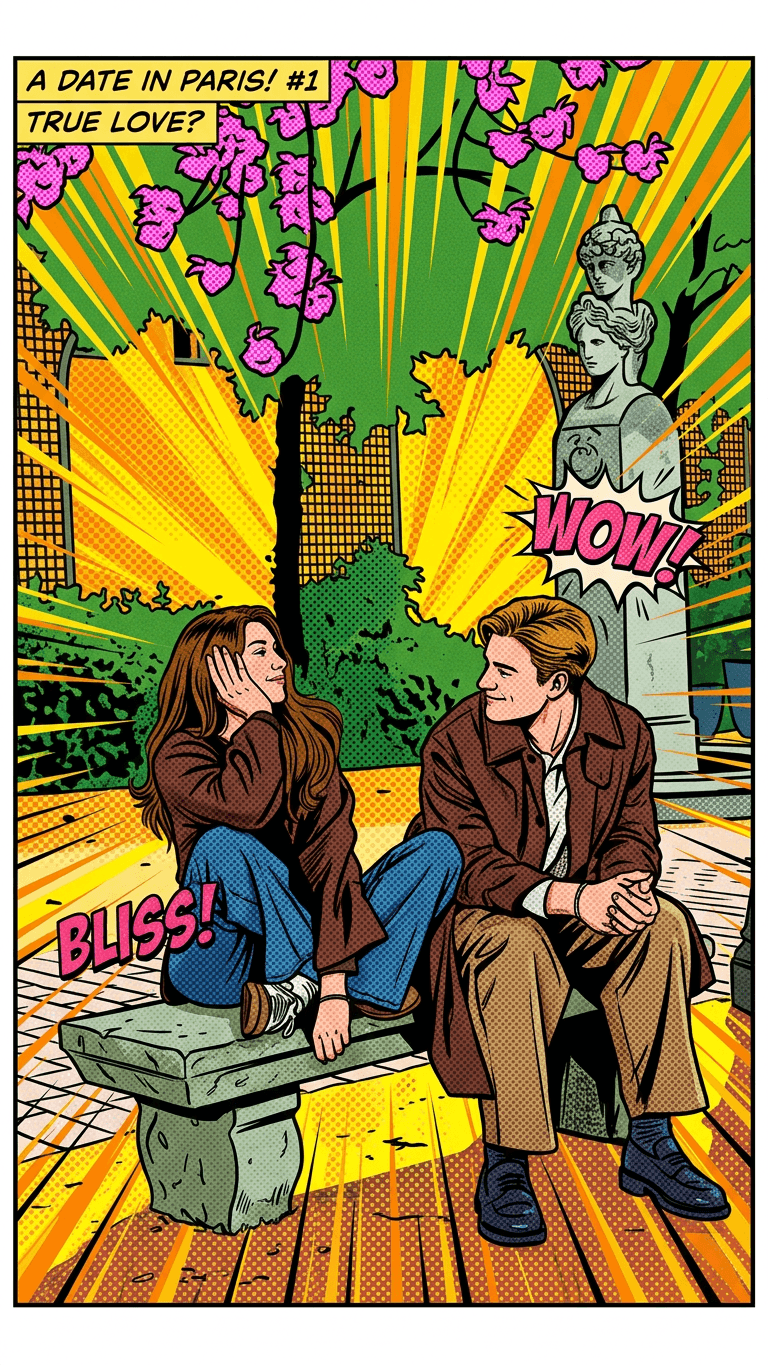 Turn this group photo into a fun comic-book style cartoon. Bold black outlines, flat vibrant colors, halftone dot shading, dynamic poses preserved from the original, pop-art inspired background with action lines, each person's likeness clearly recognizable.