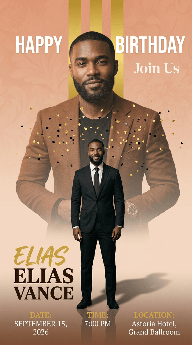 luxury birthday invitation poster, vertical 9:16, STRICT warm peach (#E8A38A) and beige (#F3D6C6) gradient background with subtle floral texture, EXACT three vertical metallic gold stripes (#D4AF37) centered in upper background only, visible ONLY behind upper portrait, partially hidden, cut off at chest level, NOT visible below, fully blocked by foreground subject
double exposure: large faded upper-body portrait of a confident dark-skinned man with short haircut and beard, wearing brown suit (#8B5E3C) over black shirt (#111111), top center; foreground full body version bottom center (~35% height), black suit (#000000), white shirt, black tie, covering background below, soft shadow and floor reflection
STRICT layering: background → faded portrait → foreground subject → text, correct depth, no overlap errors
cinematic studio lighting, warm tones only, soft glow, rim light, realistic skin, depth of field, NO color shift
gold and black confetti (#D4AF37, #000000) around chest only
typography STRICT:
"HAPPY" top left white (#FFFFFF), "BIRTHDAY" top right white (#FFFFFF), overlapping portrait only; "Join Us" mid-right soft white (#F8F5F2)
bottom left: "ELIAS" gold (#D4AF37), "ELIAS VANCE" bold dark brown (#2B1B12)
bottom center:
DATE: SEPTEMBER 15, 2026
TIME: 7:00 PM
LOCATION: Astoria Hotel, Grand Ballroom
labels gold (#D4AF37), values white (#FFFFFF)
clear hierarchy: white title, gold accents, dark name, mixed details, NO all-white text
clean minimal luxury layout, editorial style, balanced spacing, 85mm, f/1.8, ultra realistic, 8k, no mockup