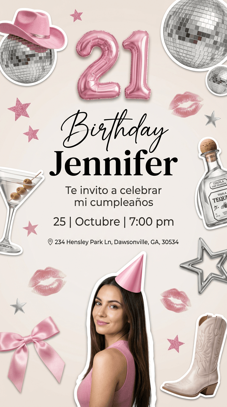 birthday invitation collage poster, vertical 9:16, soft beige gradient background (#F2ECE8), clean modern layout with subtle vignette
INPUT IMAGE: use provided image of a young woman, cut out background, create clean white outline sticker effect, slightly soft shadow, place at bottom center overlapping frame, facing slightly sideways, natural integration
top center:
pink foil balloon number "21", glossy metallic texture, realistic reflections, slightly inflated look
main typography (centered):
"Birthday" in elegant black handwritten script
"Jennifer" in bold serif black, larger size
subtext below in clean sans-serif dark gray:
"Te invito a celebrar mi cumpleaños"
"25 | Octubre | 7:00 pm"
address line (small, minimal):
"234 Hensley Park Ln, Dawsonville, GA, 30534"
with small location pin icon
decorative collage elements (high detail, realistic, sticker style, placed around edges, NOT covering text):
TOP LEFT:
silver disco ball + pink cowboy hat sitting on top
TOP RIGHT:
large silver disco ball + smaller one nearby
LEFT SIDE:
martini glass with olives, soft reflections
RIGHT SIDE:
tequila bottle (clear glass, label visible)
AROUND COMPOSITION:
pink glitter stars and silver stars scattered
lipstick kiss marks (soft glossy texture)
one chrome metallic star (3D, right side)
BOTTOM LEFT:
pink satin ribbon bow
BOTTOM RIGHT:
stylish cowboy boot (light color, fashion style)
ON SUBJECT:
add pink party cone hat on the girl's head (natural placement)
composition rules:
clean empty space in center for text
elements arranged asymmetrically near edges
slight overlaps for collage feel
balanced visual weight
lighting:
soft studio lighting, subtle shadows, glossy reflections on metallic objects
style:
trendy pinterest-style birthday collage, feminine aesthetic, realistic + sticker mix, high detail, 8k
NO mockup, NO extra background objects, NO clutter