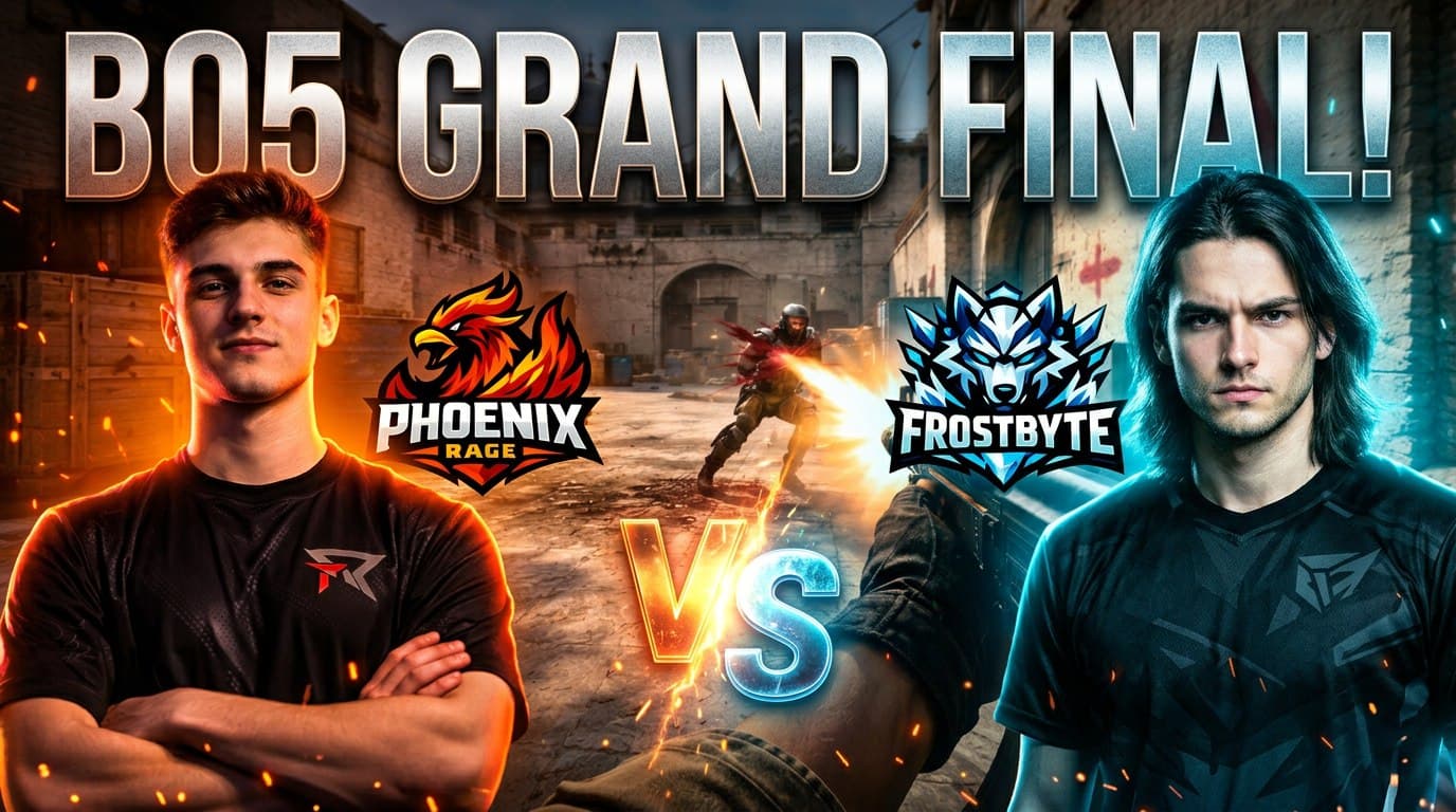 create an esports grand final youtube thumbnail using the attached images, place one player on the left and the other on the right facing each other, use the FPS gameplay scene as the background, add team logos near each player with a bold VS in the center, generate a large headline at the top reading "BO5 GRAND FINAL!", high contrast esports style, vibrant lighting, 16:9
