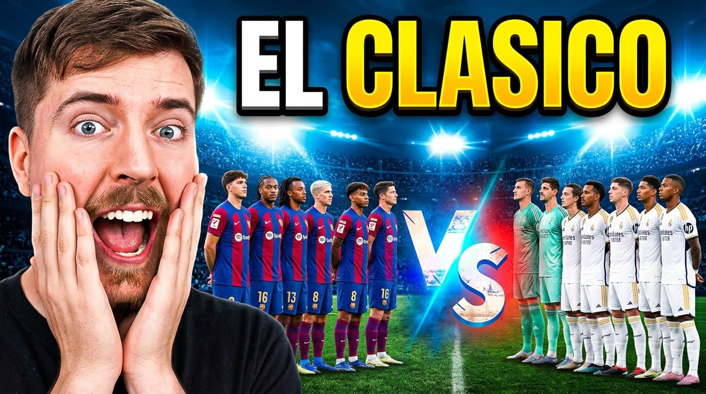create a viral football youtube thumbnail using the attached images, place the blogger in large close-up on the left reacting, Barcelona and Real Madrid facing each other in the center with a glowing VS, strong stadium lighting, high contrast, bold headline "BARCELONA vs REAL MADRID", 16:9