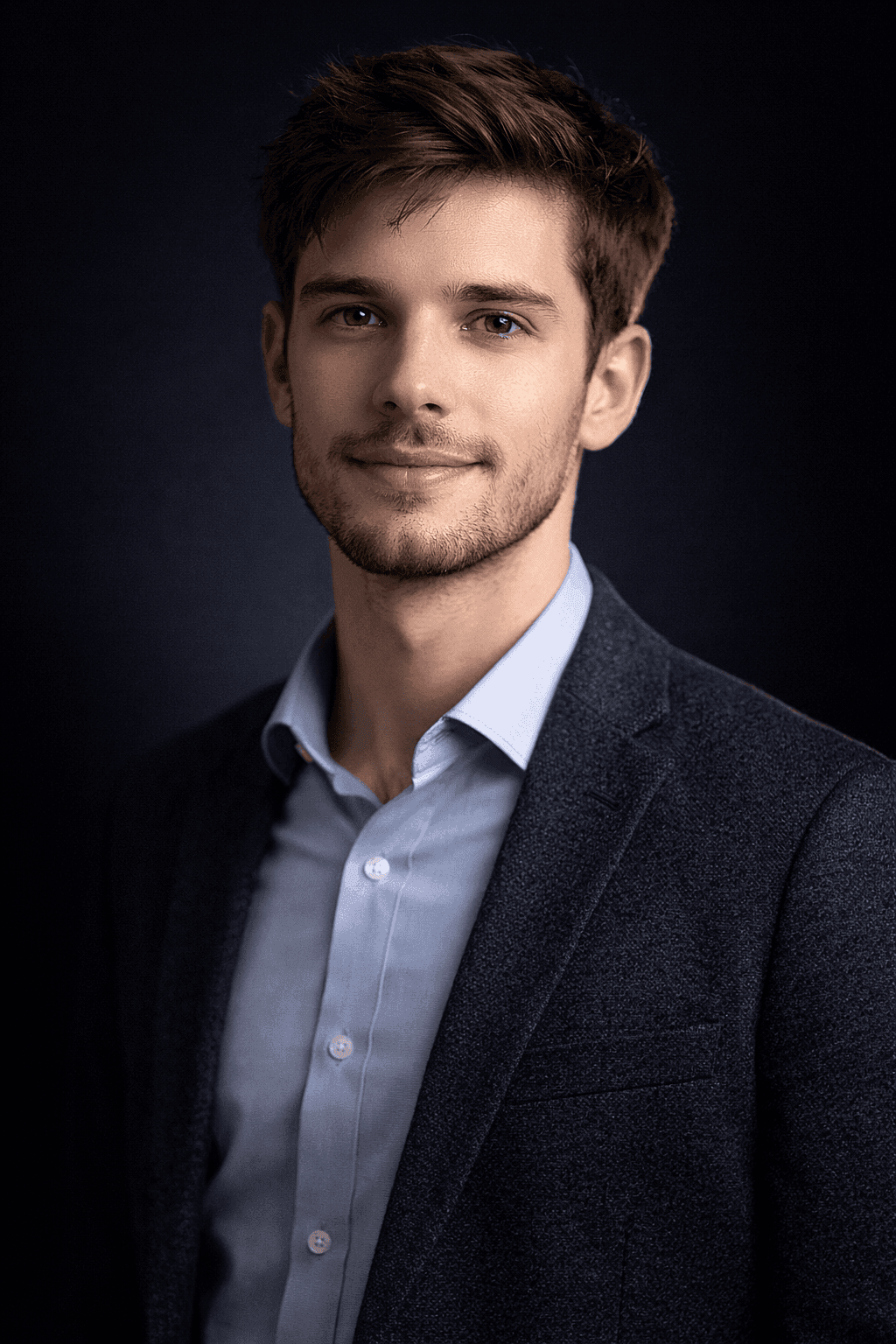 Use this portrait and transform it into a professional LinkedIn headshot, replace background with dark navy gradient, add soft key light from 45 degree angle, subtle rim light to separate subject from background, sharpen focus on eyes, change outfit to smart casual button-up shirt, modern tech professional look, realistic studio photography