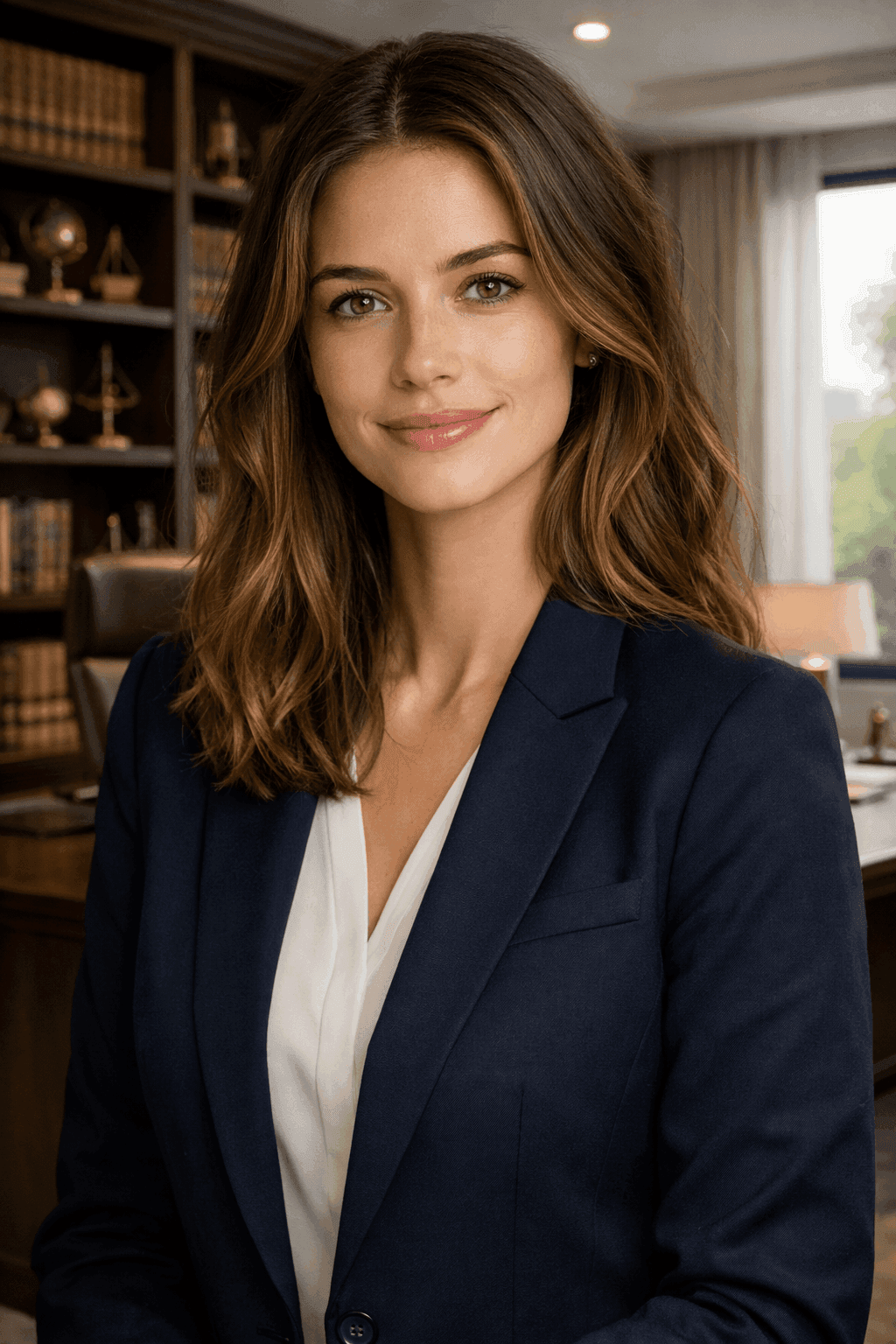 Combine the portrait with the law office background, match lighting direction and color temperature, adjust posture to more formal stance, add subtle shadow contouring on one side of face, dark navy blazer, professional lawyer headshot style, realistic executive photography