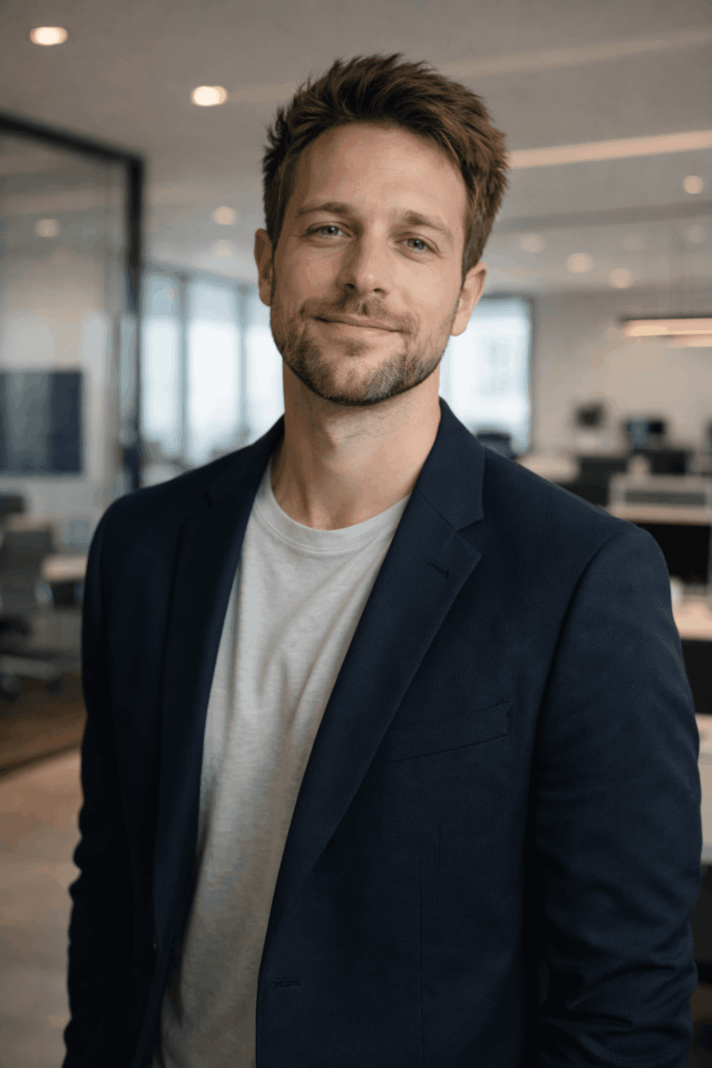 Analyze both personal photos to preserve natural facial features and expression, create a professional LinkedIn headshot of a tech product manager, place subject naturally inside the modern open office environment, adjust outfit to smart casual blazer over neutral shirt, improve posture to upright confident stance, apply soft directional office lighting, shallow depth of field, realistic corporate photography, modern tech industry aesthetic