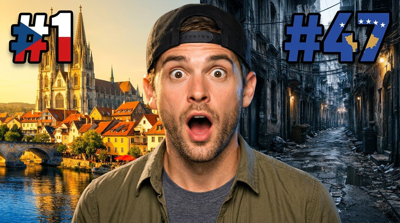 create a viral travel ranking youtube thumbnail using the attached images, place the surprised travel host in the center foreground, use the vibrant european city on the left and the damaged urban street on the right with strong color contrast, add ranking badges "#1" with the Czech Republic flag on the left and "#47" with the Kosovo flag on the right, emphasize dramatic contrast between best and worst locations, enhance facial sharpness and vibrant colors, modern travel youtube thumbnail style, 16:9