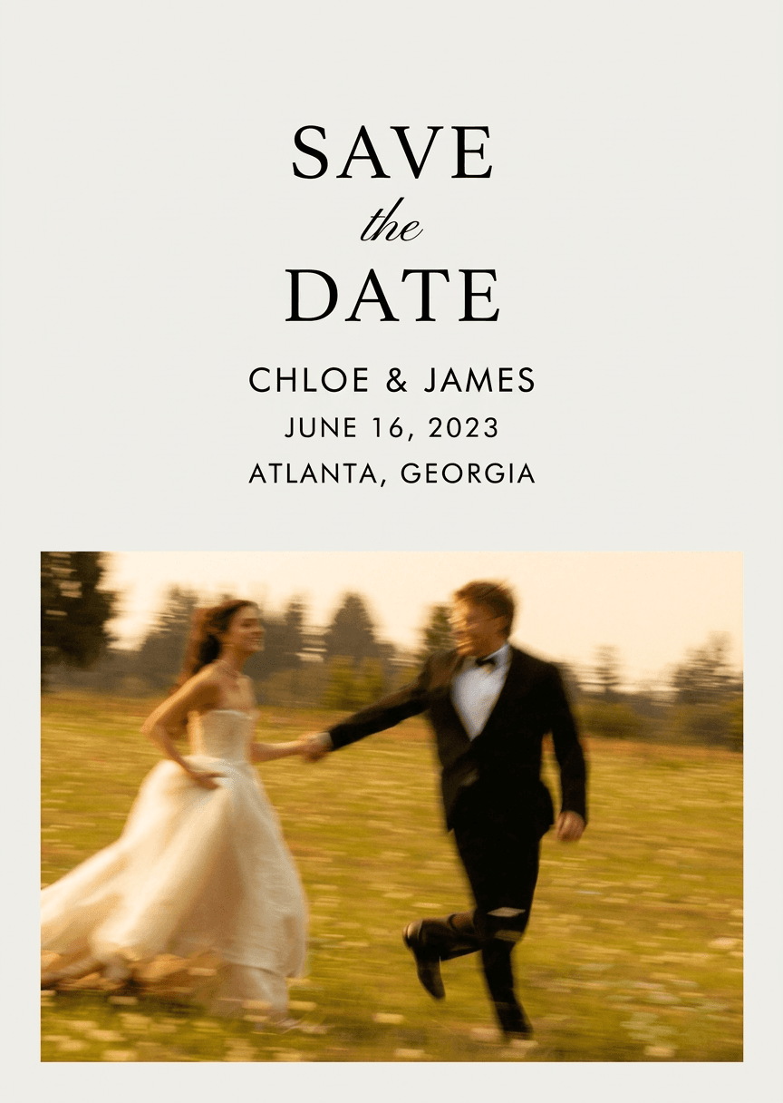 minimalist vertical "save the date" wedding invitation, 5x7 inch layout, clean ivory background #f2efe9, elegant centered typography: "SAVE the DATE" (serif with small script "the"), below "CHLOE & JAMES", then "JUNE 16, 2023" and "ATLANTA, GEORGIA", modern luxury wedding stationery style, large negative space, place the provided uploaded photo of the bride and groom walking hand in hand in a golden field landscape as the bottom half of the design, romantic sunset tones, no mockup, no shadows, no frame, flat print invitation layout