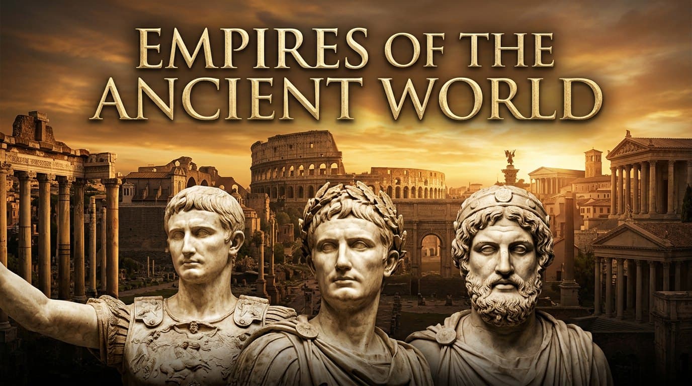 create an epic ancient history youtube thumbnail with three large marble bust statues in the foreground (Roman general, Roman emperor, Greek ruler), dramatic golden sunset lighting, detailed ancient city background with the Colosseum and classical architecture, warm cinematic color grading, strong depth and contrast, bold elegant gold serif headline reading "EMPIRES OF THE ANCIENT WORLD", premium documentary style, 16:9